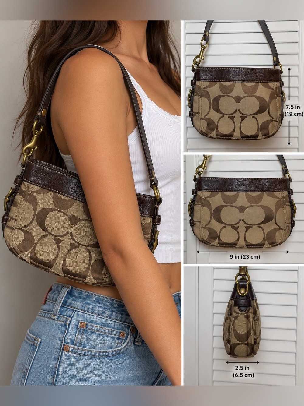 Coach Signature Monogram Small Shoulder Bag Beige Brown Gold Hardware